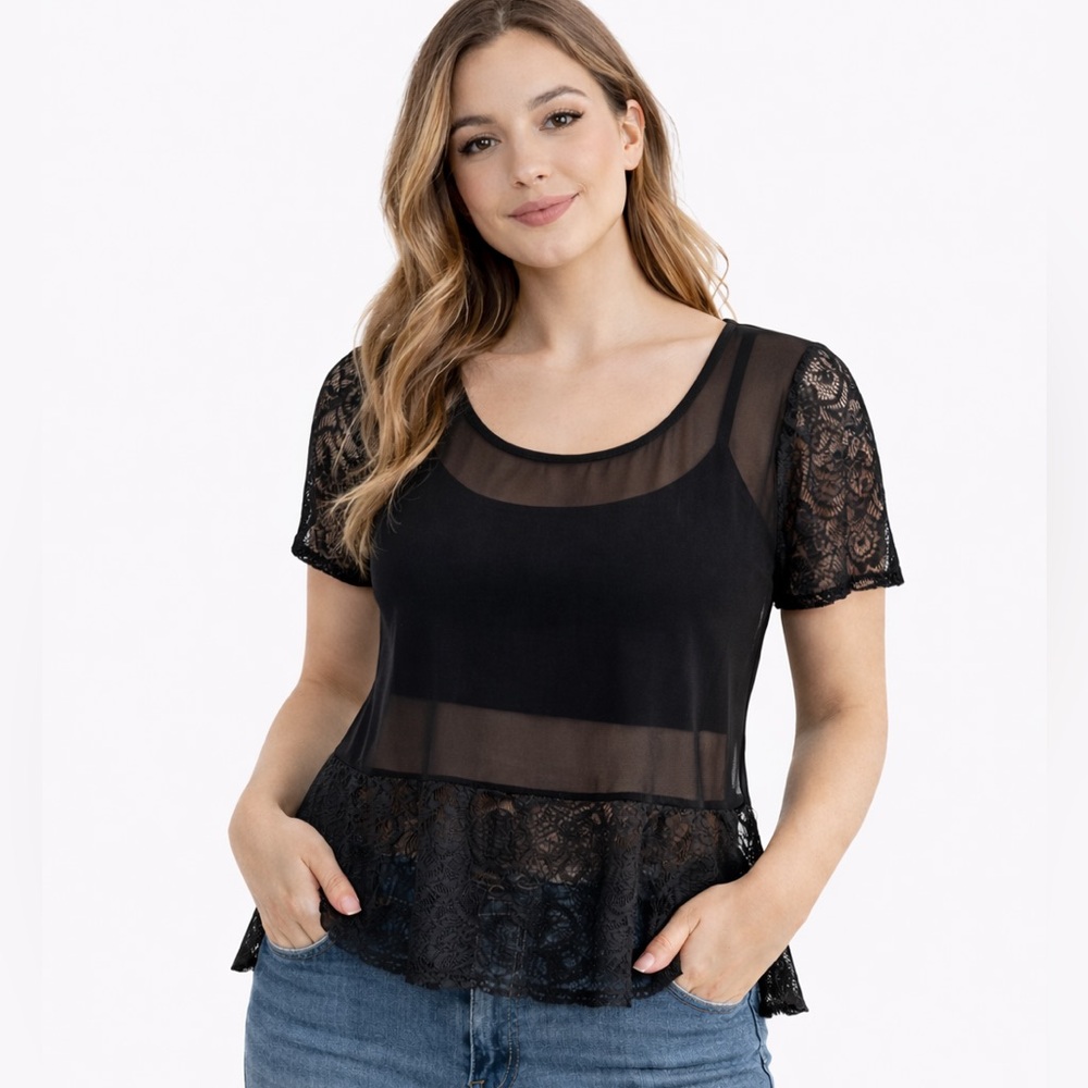 Love Culture Sheer Black Lace Peplum Blouse, NWOT, Small - Picture 2 of 9